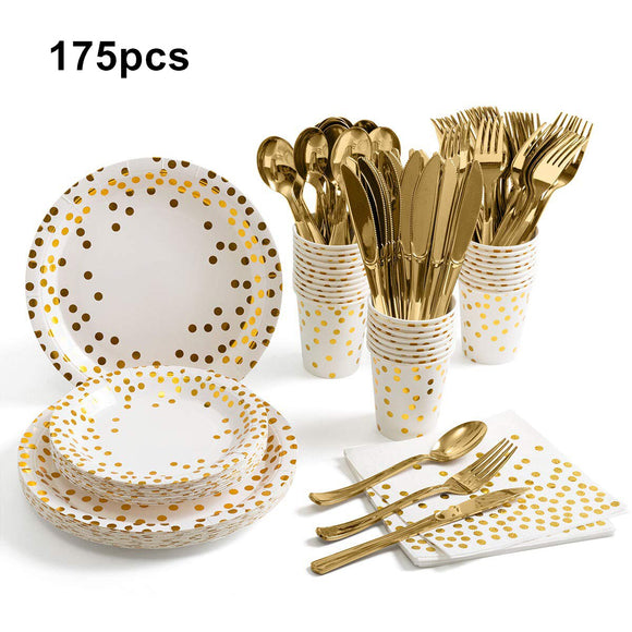 175PCS Disposable Tableware Bronzing Paper Plate Napkin Cup Knife And Fork Spoon Cutlery Set